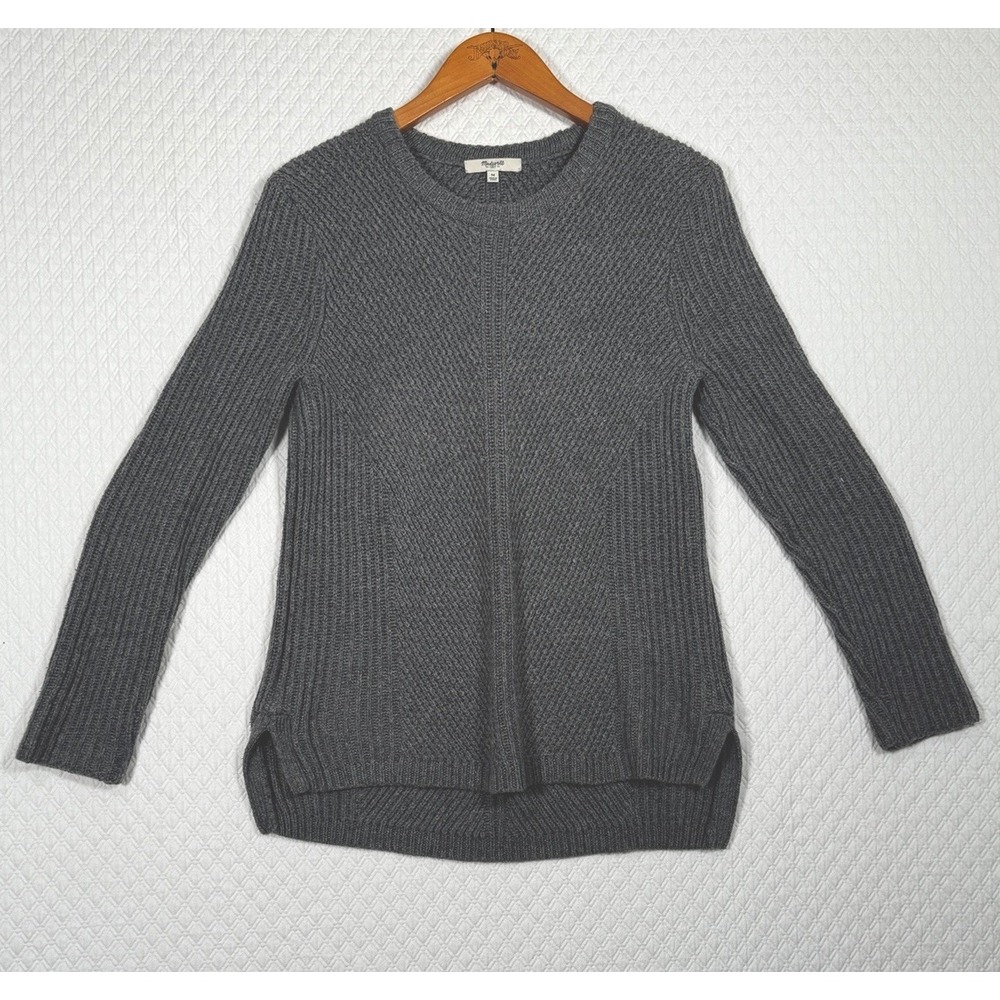 Madewell Cable Knit Sweater Women M Gray Crewneck Cotton Bnd Pullover Tunic FLAW